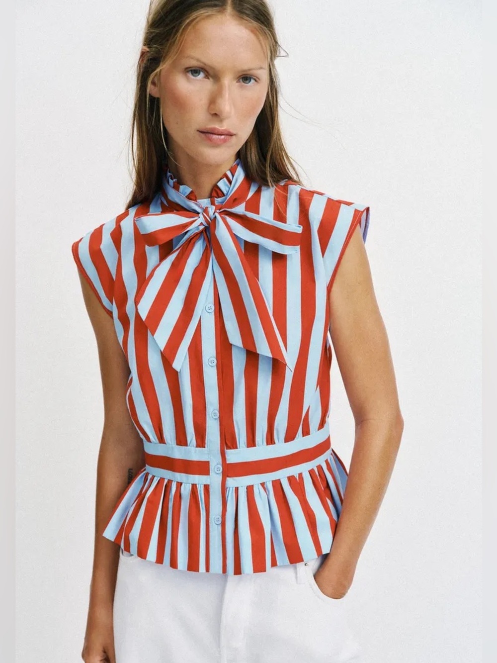 NWT Zara Woman Bloggers Fav STRIPED KNOTTED SLEEVELESS SHIRT Top Size XS